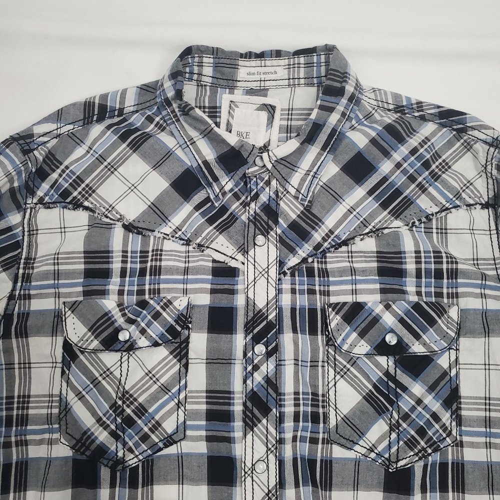 BKE Men's Slim Fit Stretch Blue/Gray Plaid Snap Front Long Sleeve Shirt X-Large - Picture 5 of 12